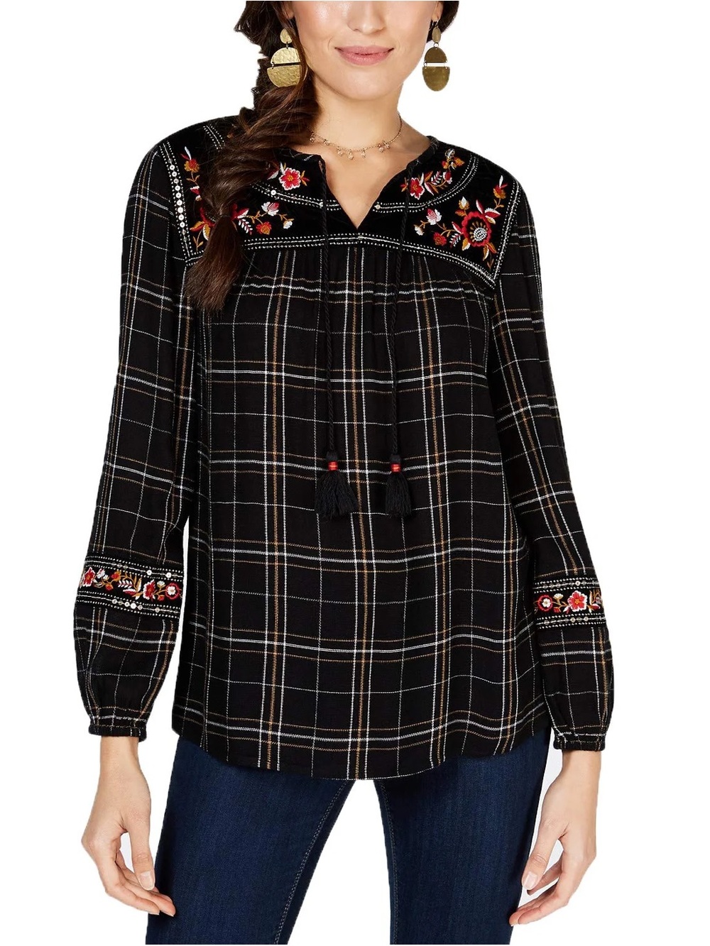 Style & Co. Black Plaid Embroidered Peasant Blouse